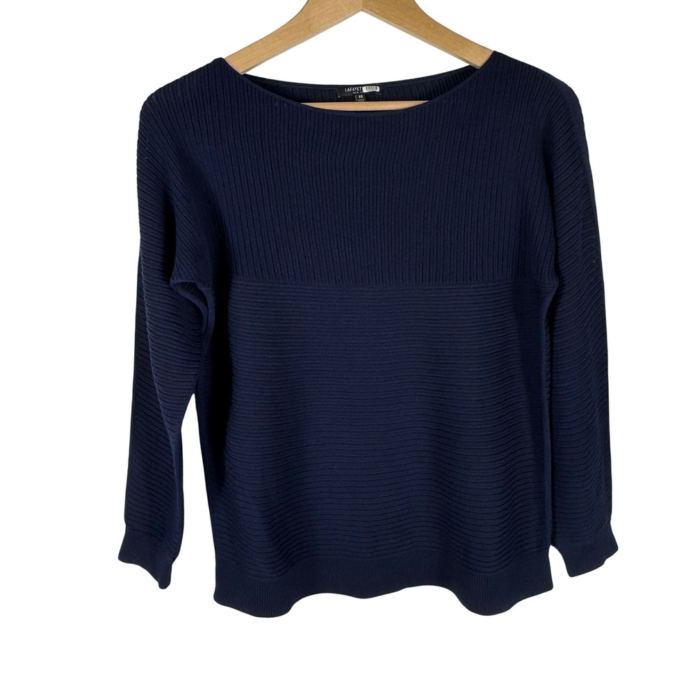 Lafayette 148 New York Ribbed Knit Boat Neck Sweater Womens XS Navy Blue
